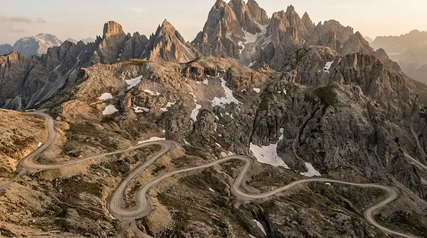 An aerial view of a hairpin pass road switchbacking across bare rock below the jagged spires of the Dolomites at sunset.