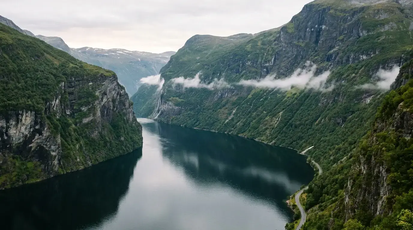 A Norwegian fjord from high above: dark still water between steep green cliffs, low cloud caught along the ridges, a road threading the far shore.